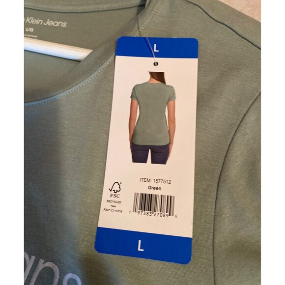 Calvin Klein Jeans Women's Sage Green Logo T-Shirt Large Performance Stretch - Picture 4 of 10